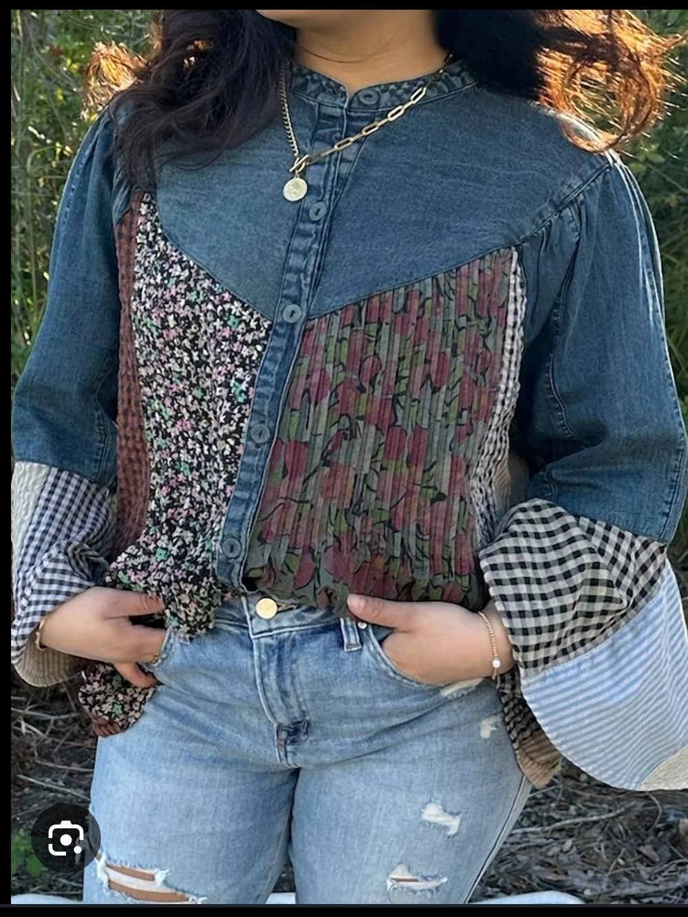 Young Threads Boho-Western Pintuck Patchwork Denim Top
